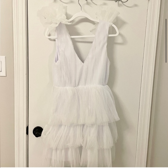 Lulu’s Dramatic Arrival White Tulle Tiered Surplice Mini Dress - Picture 5 of 6